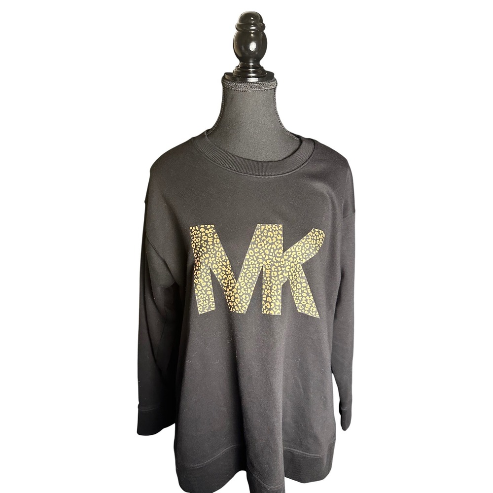 Michael Kors MK Leopard Print Logo Black‎ Long Sleeve Sweatshirt Women's 0X